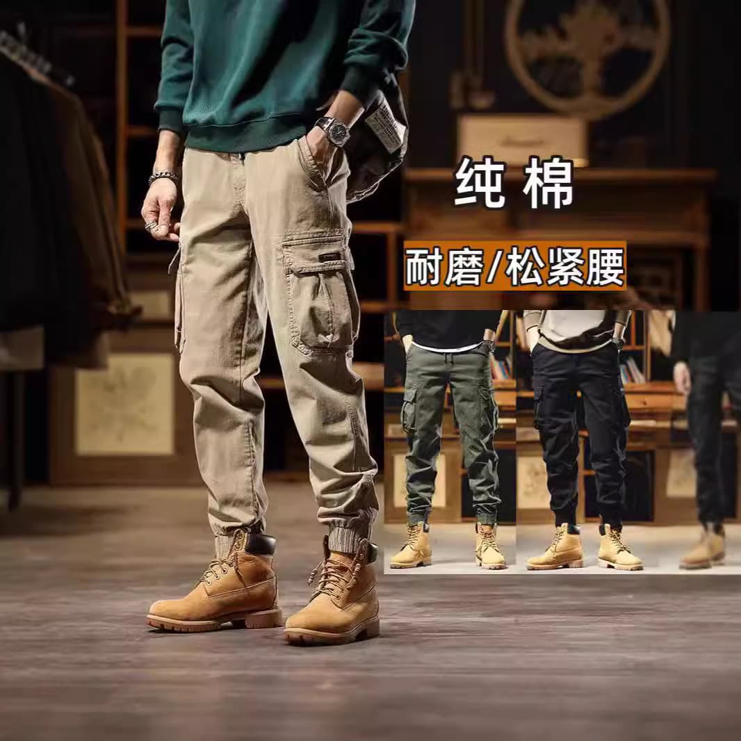 Men's Workwear Pants Cotton Cargo Trousers Autumn Spring Wear Resistant Cuffed Loose Fit Casual Long Pants Multiple Pockets