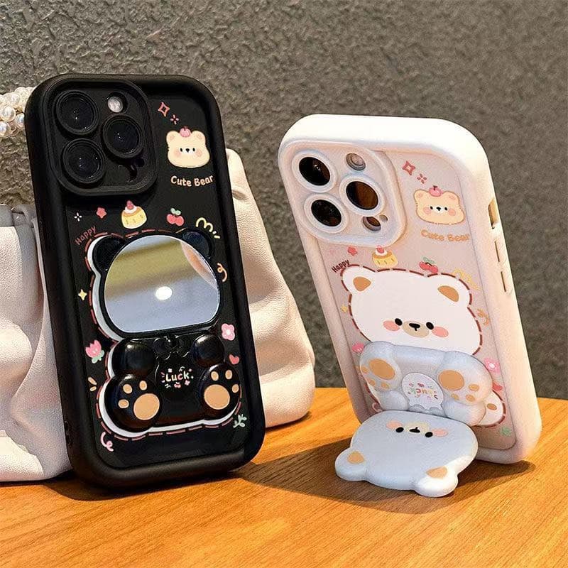 Cross-border compatible iPhone 16 Pro Max Case, Apple 17 Cute Cartoon Bear Mirror Stand Protective Cover