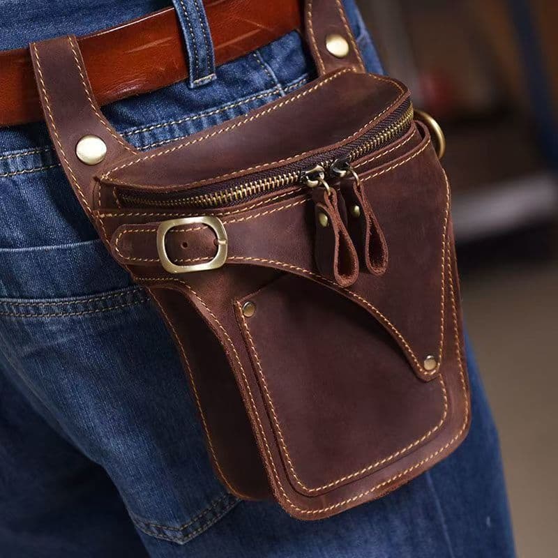 Men's Outdoor Waist Pack for Construction Sites, Harley Rider Bag, Vintage Crazy Horse Top Layer Leather Crossbody Bag