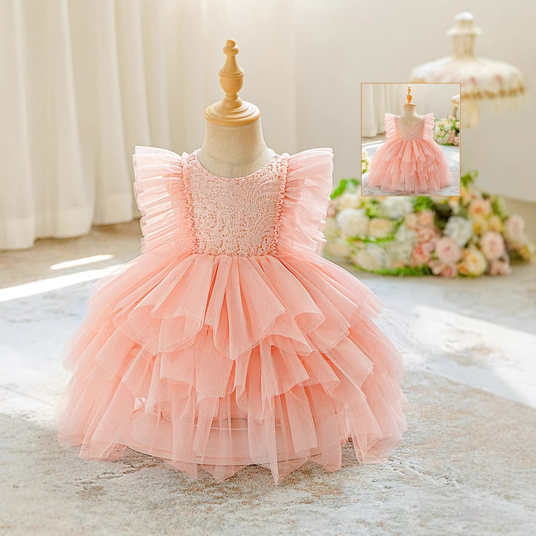 Girls baby puffy dress dress embroidered lace first birthday children's dress multi-mesh cake princess dress