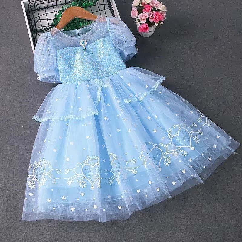Elsa Princess Dress for Girls Ages 3-10 Summer Ice Age Fashionable Puffy Skirt Cute Cartoon Print Polyester Fiber Skirt