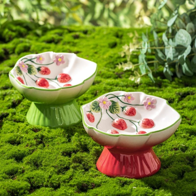 Pet Ceramic Strawberry Slow Feeder Bowl, High-Leg Design, Anti-Choking, Anti-Tipping, Cat Bowl, Neck Protection, Dog Slow Feeder Bowl