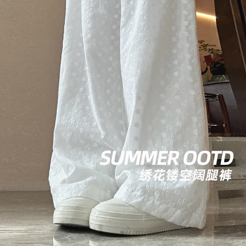 White Embroidered Hollow Wide-Leg Pants for Women, Summer Thin High-Waisted Loose Straight-Leg Floor-Length Relaxed Ice Silk Casual Pants