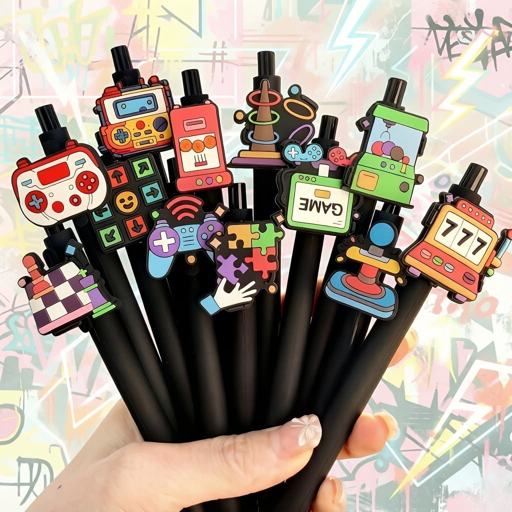 Ballpoint Pen with Retro Arcade Design, Gel Pen with Game Controller and Arcade-Shaped 3D Stickers Book
