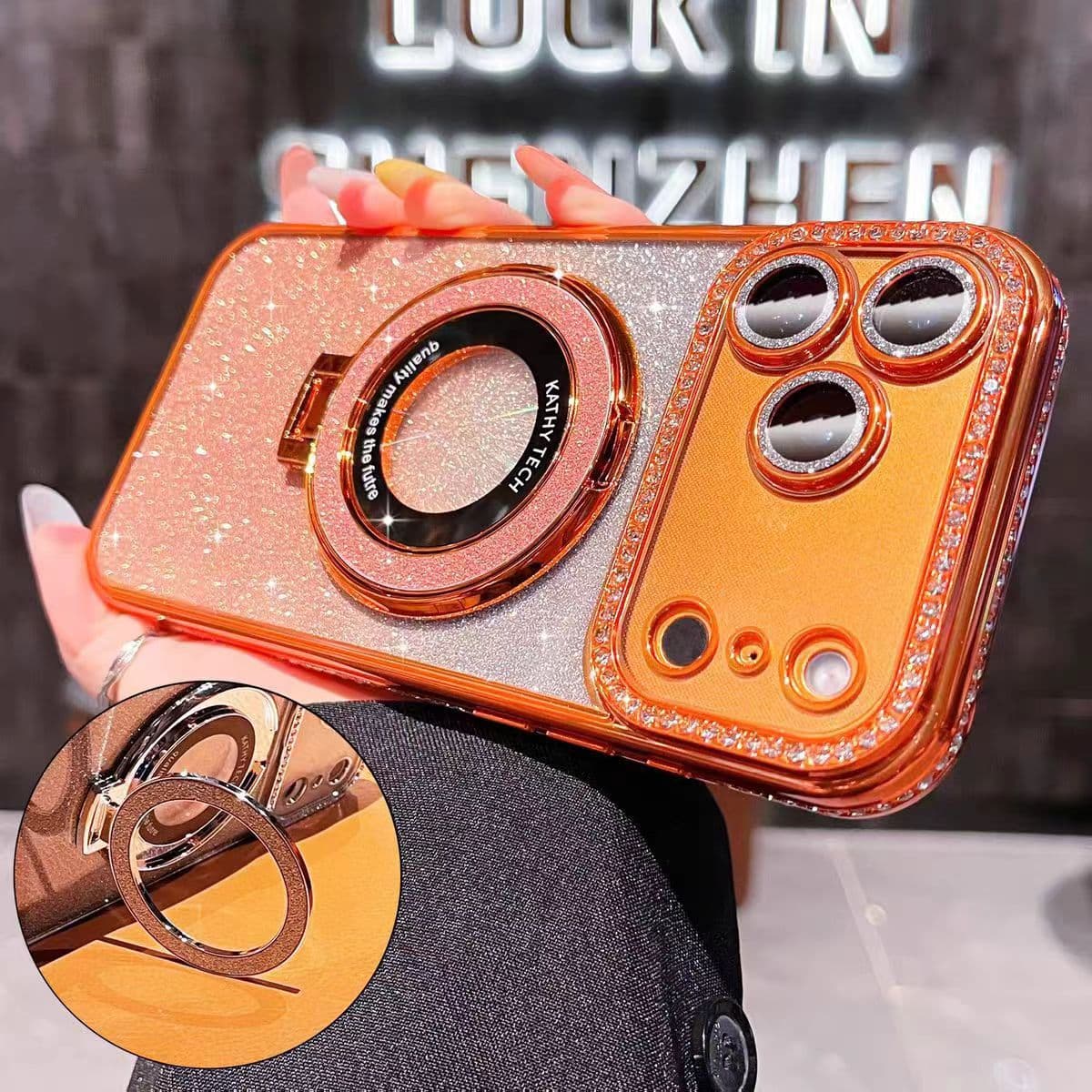 Compatible with Apple 17 Pro Max Case Magnetic Stand iPhone 16 Glitter 15 Premium 13 Full Coverage 12 Orange