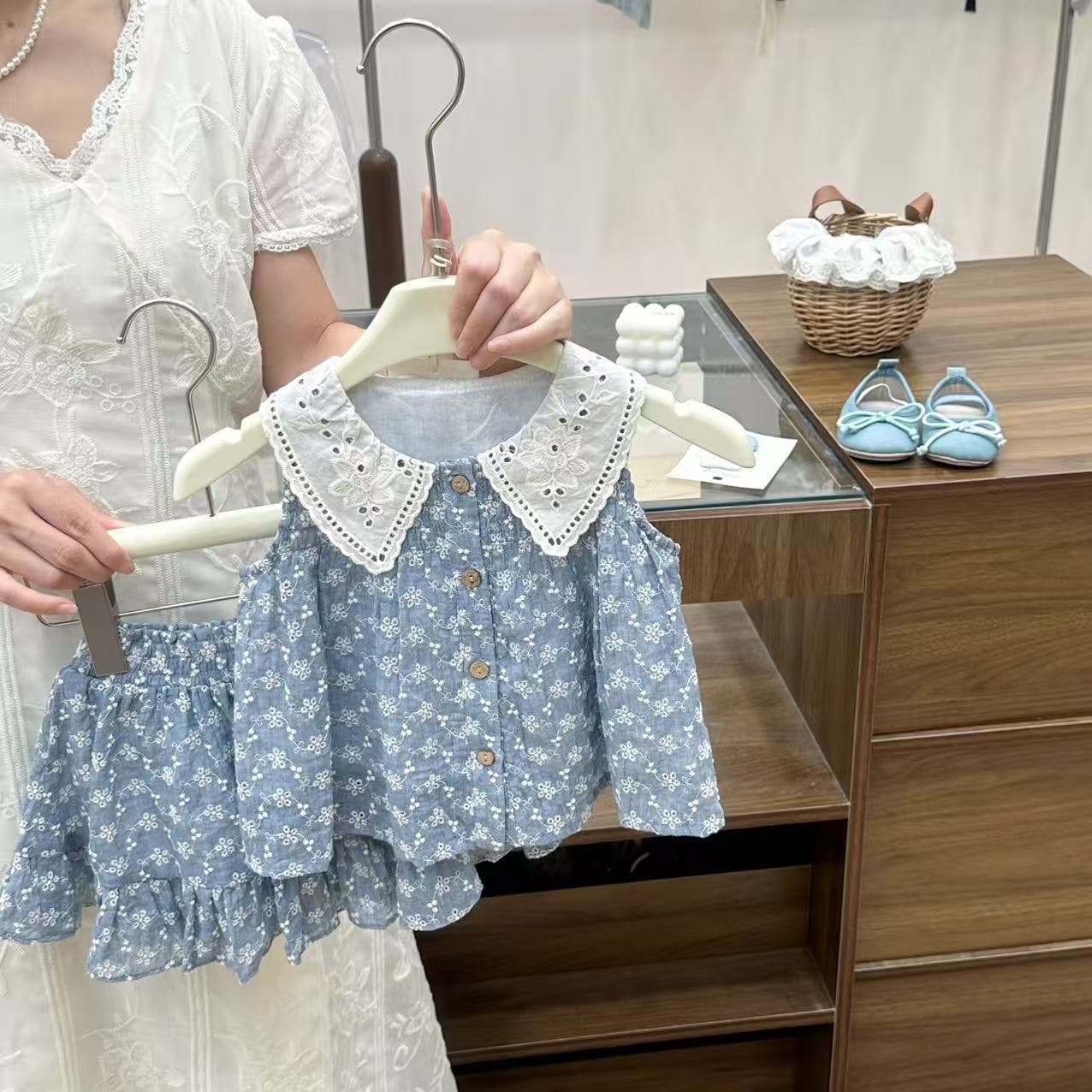 2026 New Girls Suit Blue Floral Vest Short Skirt Two-piece Set Baby Girl Summer Dress Thin Section 26470