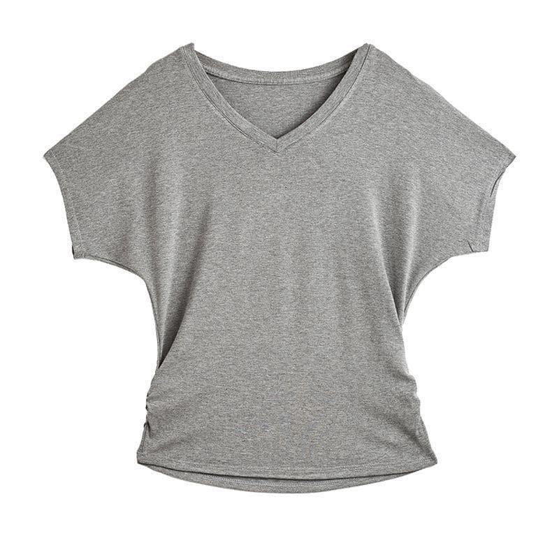 Women's Loose Casual V-Neck Batwing Sleeve T-Shirt, New Summer Style with Side Pleats, Short Sleeves, Waist-Cinching, Slimming, and Lazy Chic Top