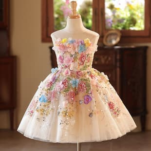 Girls Sweet Floral Princess Dress 2026 New Light Luxury Children's Stage Tulle Skirt Piano Performance Costume