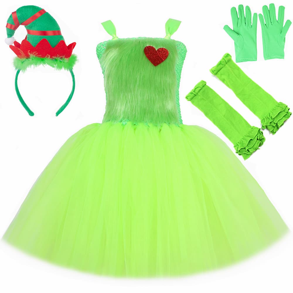 Christmas Green Fur Grinch Costume Children's Mesh Pettiskirt Christmas Novelty Dress Up Clothing Girl's Skirt