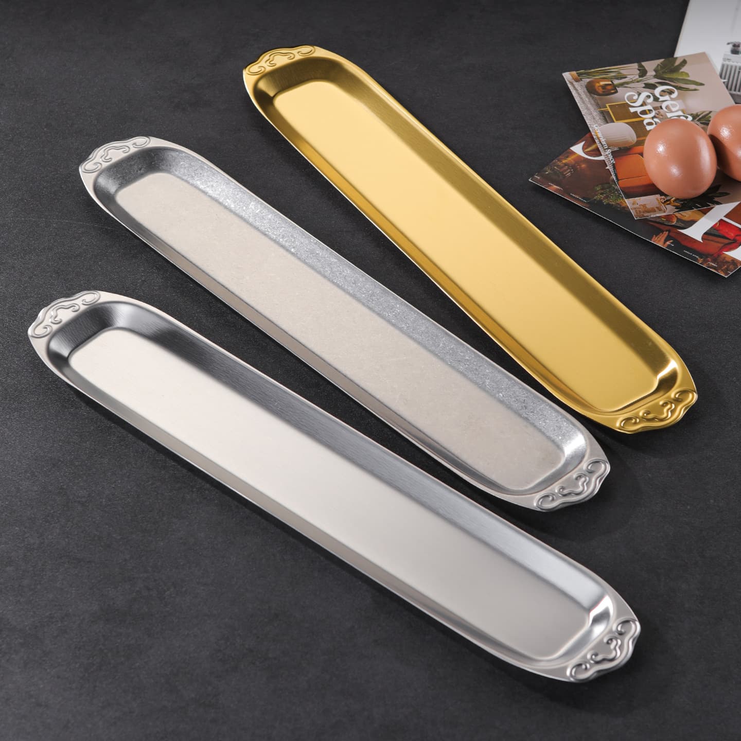 Korean-style stainless steel beef plate narrow rim plate hot pot shrimp paste plate snack plate gold rectangular sushi plate BBQ plate