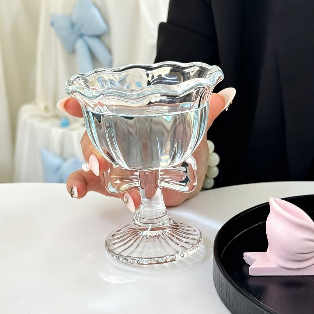 European Vintage Embossed Glass Cup with Bow, Fruit Wine Glass, Tall Champagne Cup, Juice Cup, Creative Home Drinkware