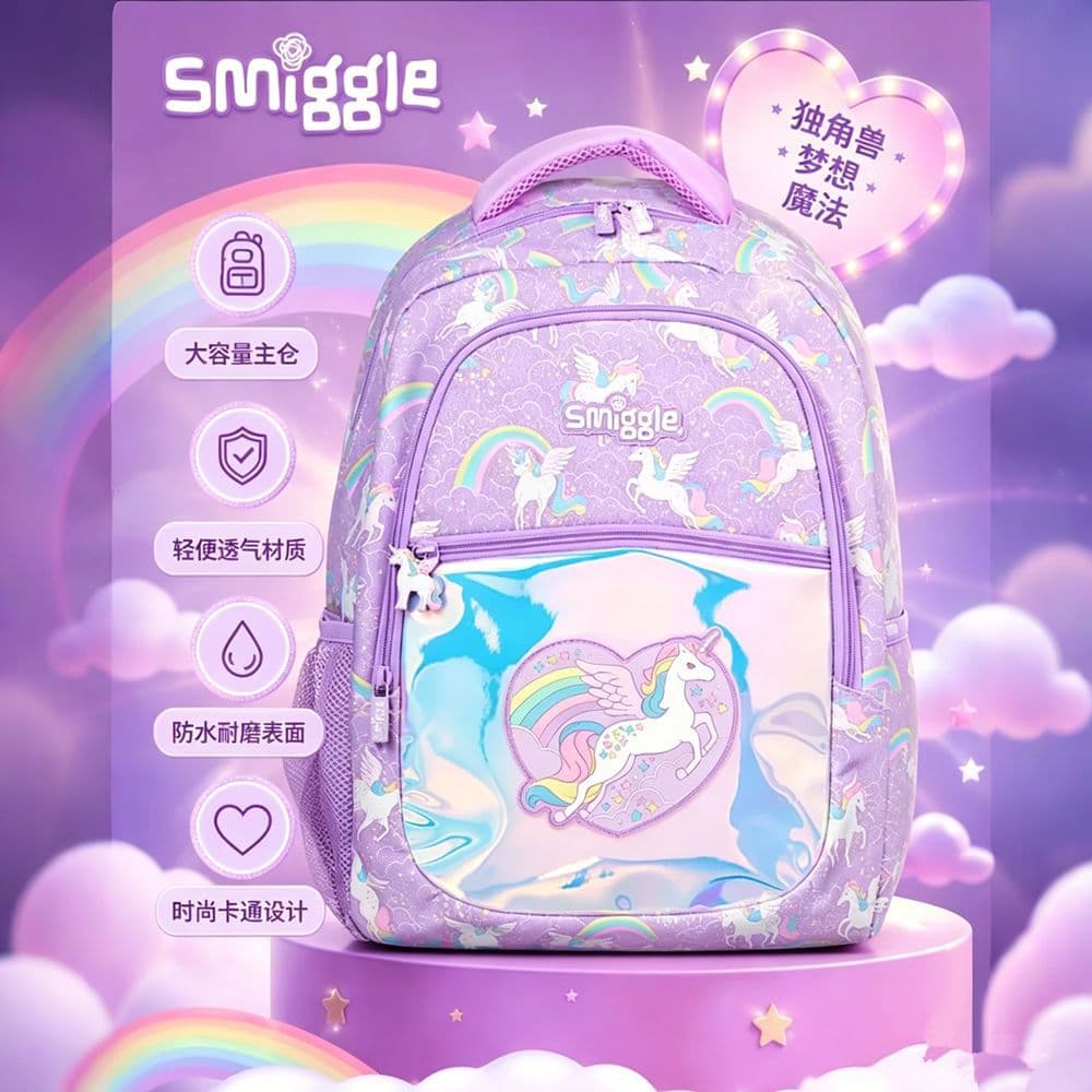 Australian Smiggle school bag 1-6 students shoulder taro purple unicorn decompression backpack multi-functional bag