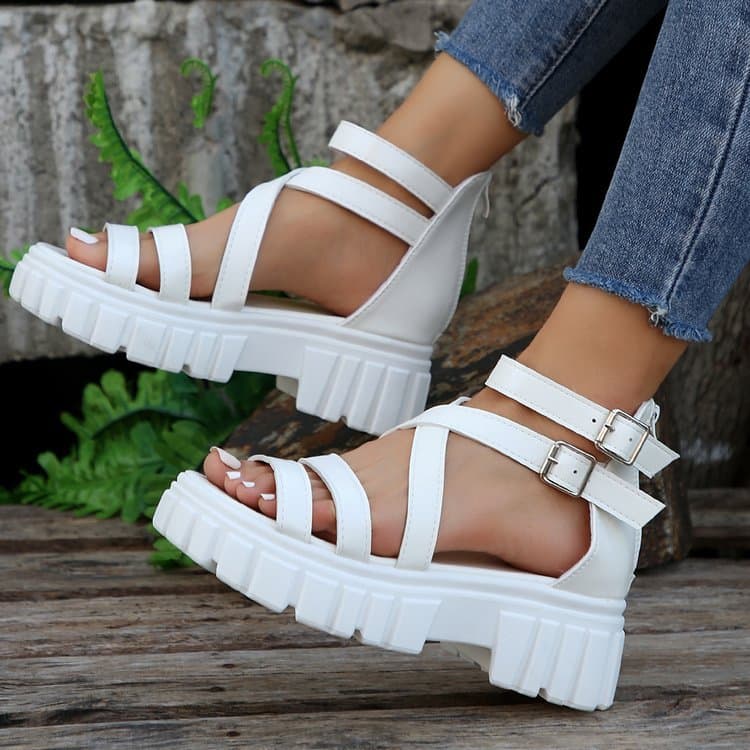 Women's Roman Sandals Thick Sole 2024 Plus Size New Style Platform Chunky Heel Versatile Hollow Mid-top One-strap Sandals