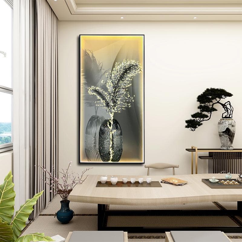 Modern crystal porcelain inlaid diamond decorative painting, aluminum alloy frame, living room sofa background painting, corridor mural, feather 80160
