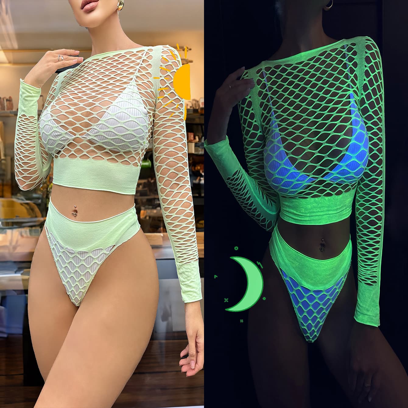 European and American Temptation Fluorescent Green Glow-in-the-Dark Hollow Bikini Two-Piece Fishnet Lingerie Women's Cover-Up Lingerie
