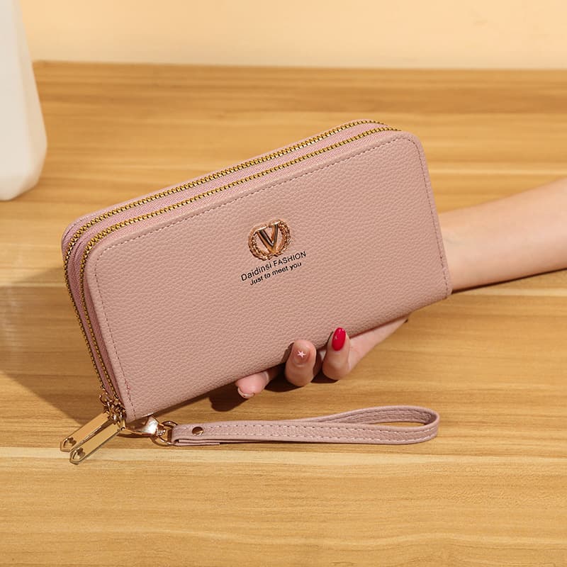 New Korean Style Women's Long Double Zipper Wallet Large Capacity Phone Bag Fashionable Simple Leather Wallet Multi Card Holder Clutch