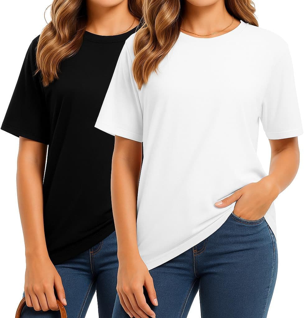 Women's Cotton Summer Tops \u2013 Short Sleeve Round Neck T-Shirt, Compact Knit Loose Basic T-Shirt