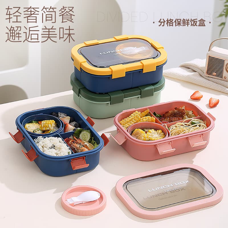 Rectangular Plastic Lunch Box, Microwave-Safe Bento Box for Office Workers and Students, Fresh-Keeping Container with Soup Bowl and Cutlery