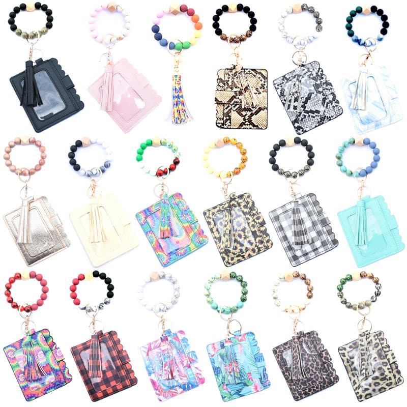 Cross-border Amazon Christmas Color Beads Bracelet Card Bag Wooden Beads Creative Bracelet PU Tassel Women's Coin Purse Bag