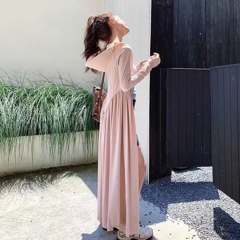 New Summer Sun Protection Hooded Jacket for Women with Waist Cinching, Slim Ice Silk Sun Protection Long Dress, Plus Size Slimming