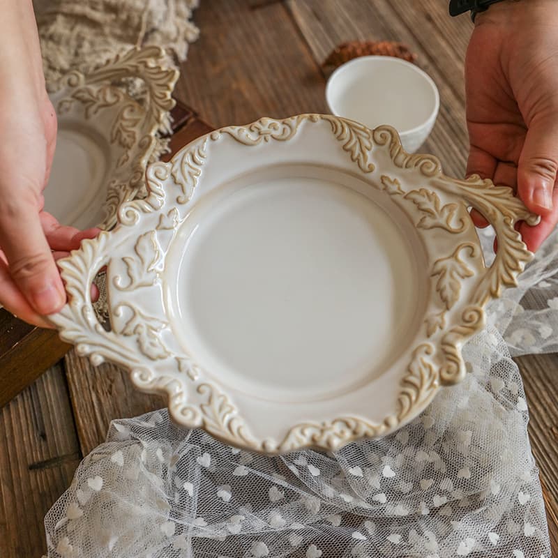 French Kiln-Changed Vintage Relief Plate Ceramic Pasta Plate Dessert Western Food Presentation Plate Premium Dual-Handle Serving Dish