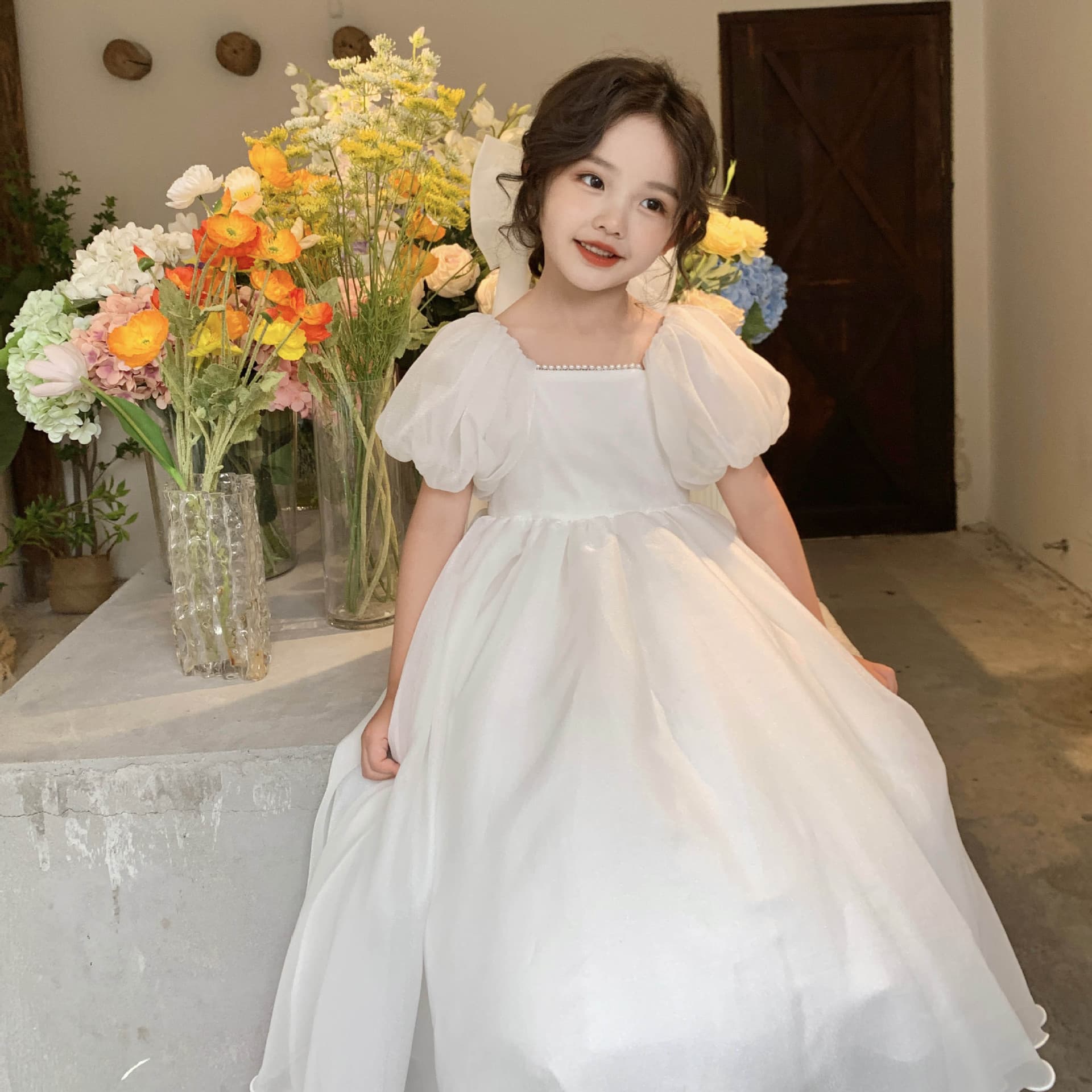 Girls 2024 Summer New White Princess Dress Children's June 1st Flower Girl Performance Tulle Long Dress