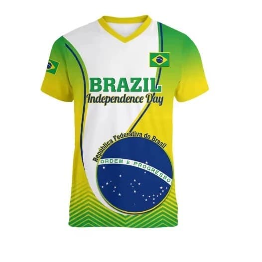 Brazil Men's T-Shirt Summer Short Sleeve Brazil BR National Emblem Flag 3D Print Fashion V-Neck Gym