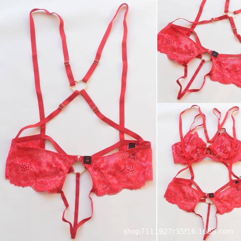 Canadian LS sexy underwear women's lace embroidered jumpsuit red hot suspenders European and American open underwear
