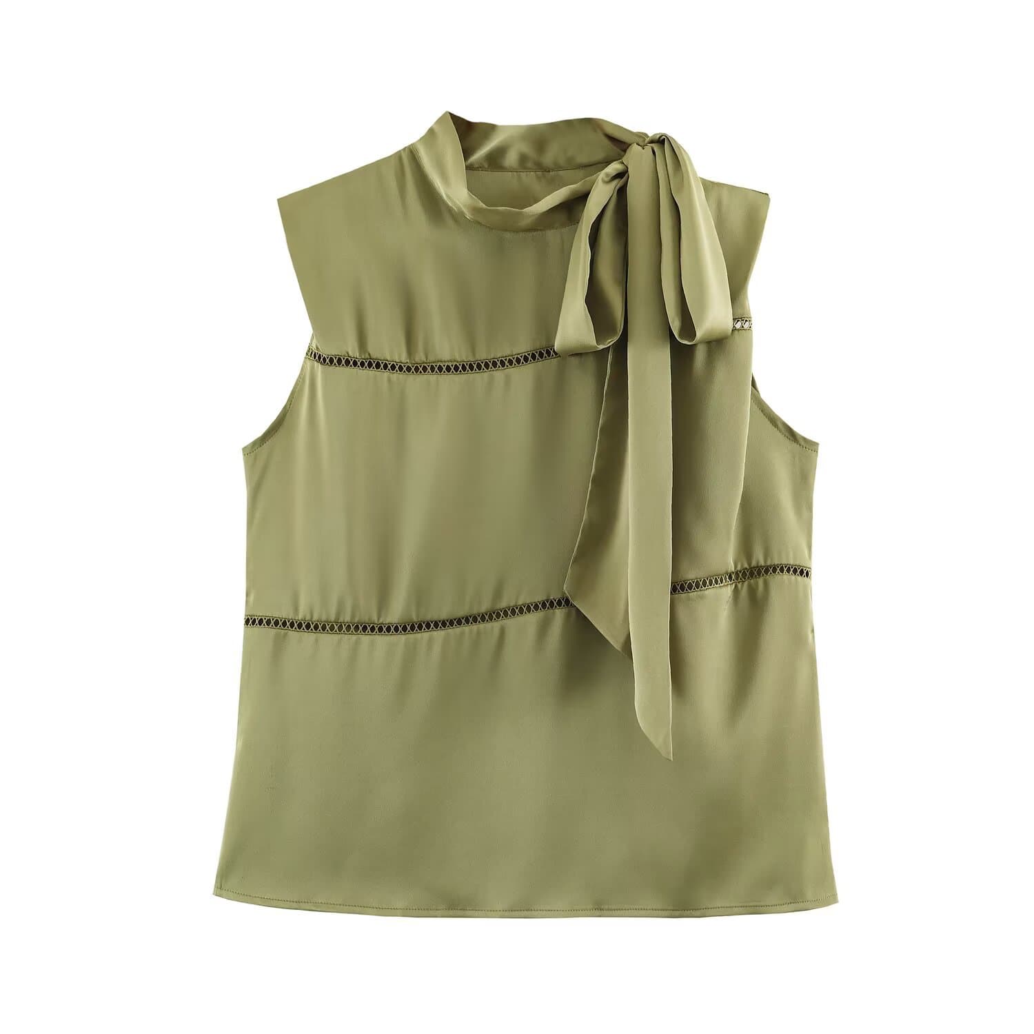 Cross-border Amazon foreign trade hot-selling women's clothing 2026 autumn olive green ribbon hollow fashion sleeveless satin chiffon shirt