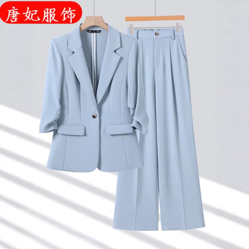 Light Blue Medium Sleeve Small Lapel Blazer and Pants Set for Women Spring Summer Autumn Cross-Border Trade Commuter Professional Women's Suit