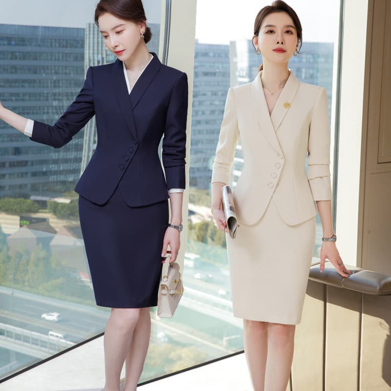 Formal Ladies Business Set Short Skirt Long Sleeve Sport Jacket Tight Skirt 2 Pieces Navy Blue Elegant Business Outfit