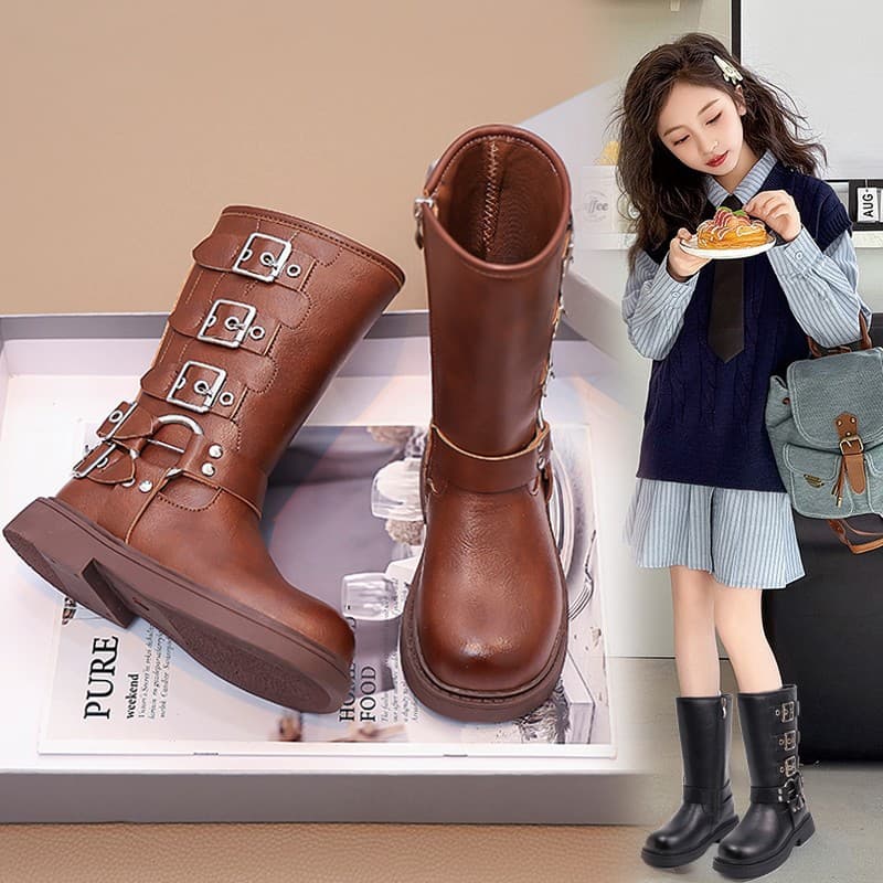 Children's Brown Knee-High Cowboy Boots, Girls' Soft Leather Thick-Soled Martin Boots, Toddler Non-Slip Long Boots