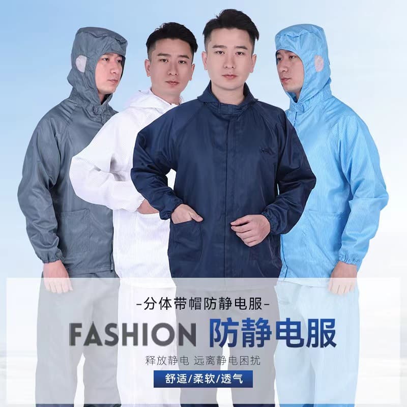 Anti-static hooded two-piece protective workwear for electronics cleanrooms
