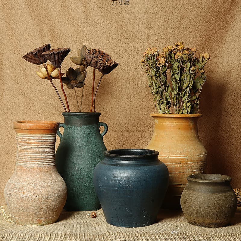 Xiangshe Rustic Coarse Pottery Vase Flower Pot Succulent Planter Vintage Terracotta Breathable Dried Flower Old Pottery Jar Crock