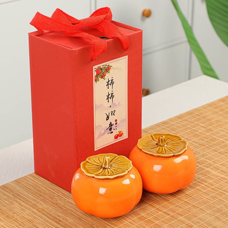 Creative Double Happiness Ceramic Persimmon Tea Canister Ornament, Small Household Tea Caddy, Auspicious Pair Gift Set
