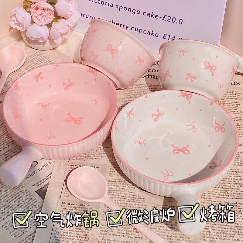 Bowknot Cute Handle Bowl Ceramic Underglaze Handled Bowl High Aesthetic Home Single Serving Tableware Pretty Bowl