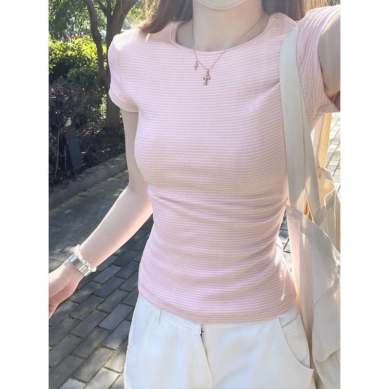 MosesQueen Pink Striped Short Sleeve T-Shirt for Women Summer Slim Fit Shoulder Round Neck Top