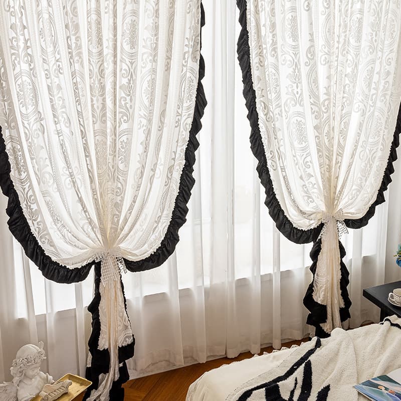 French Vintage Rose Retro Light Black Lace Sheer Curtain, Semi-Sheer Window Voile