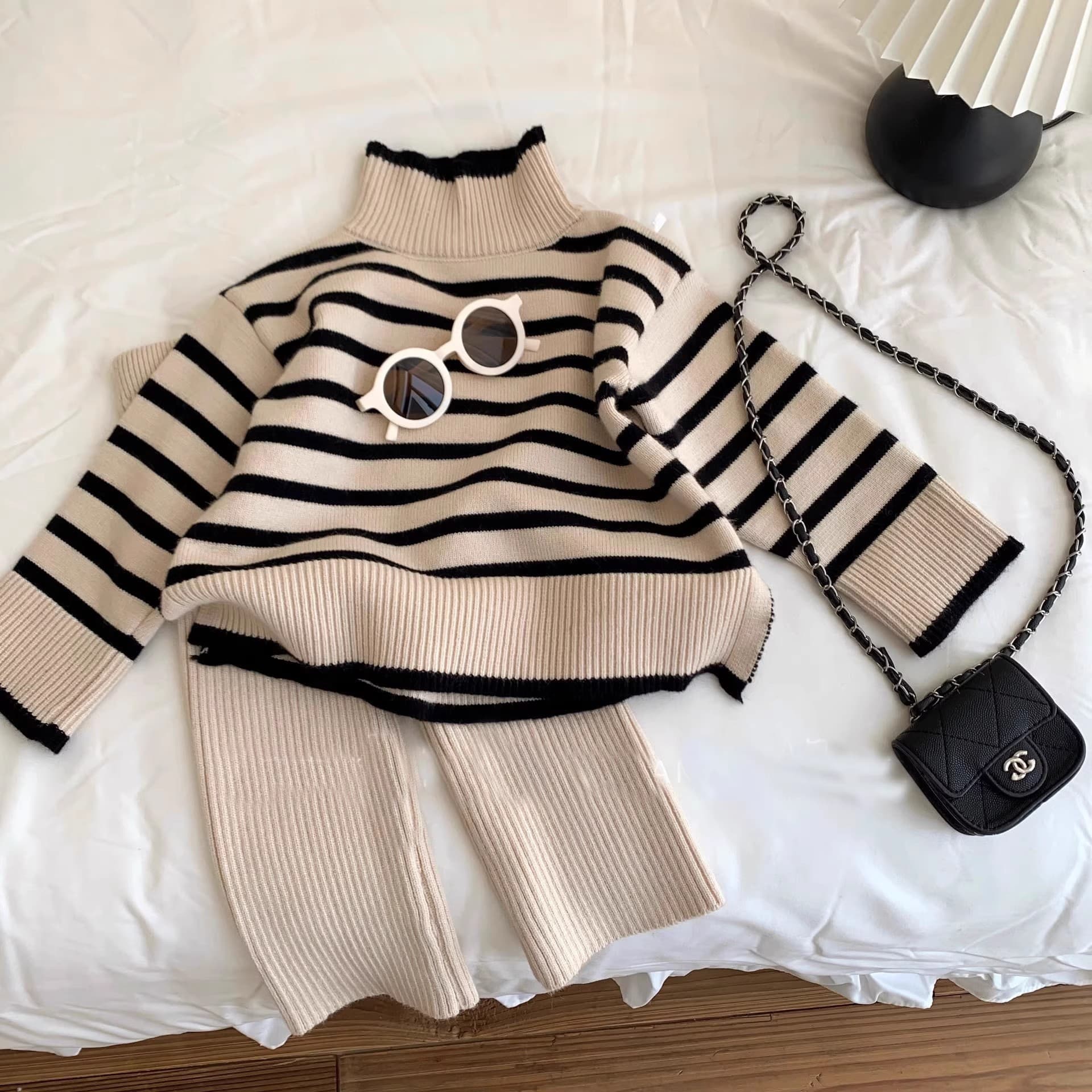 2026 Spring/Fall New Girls' Fashion Knit Set, Kids' High Collar Striped Sweater with Wide-Leg Pants, 2-Piece Set