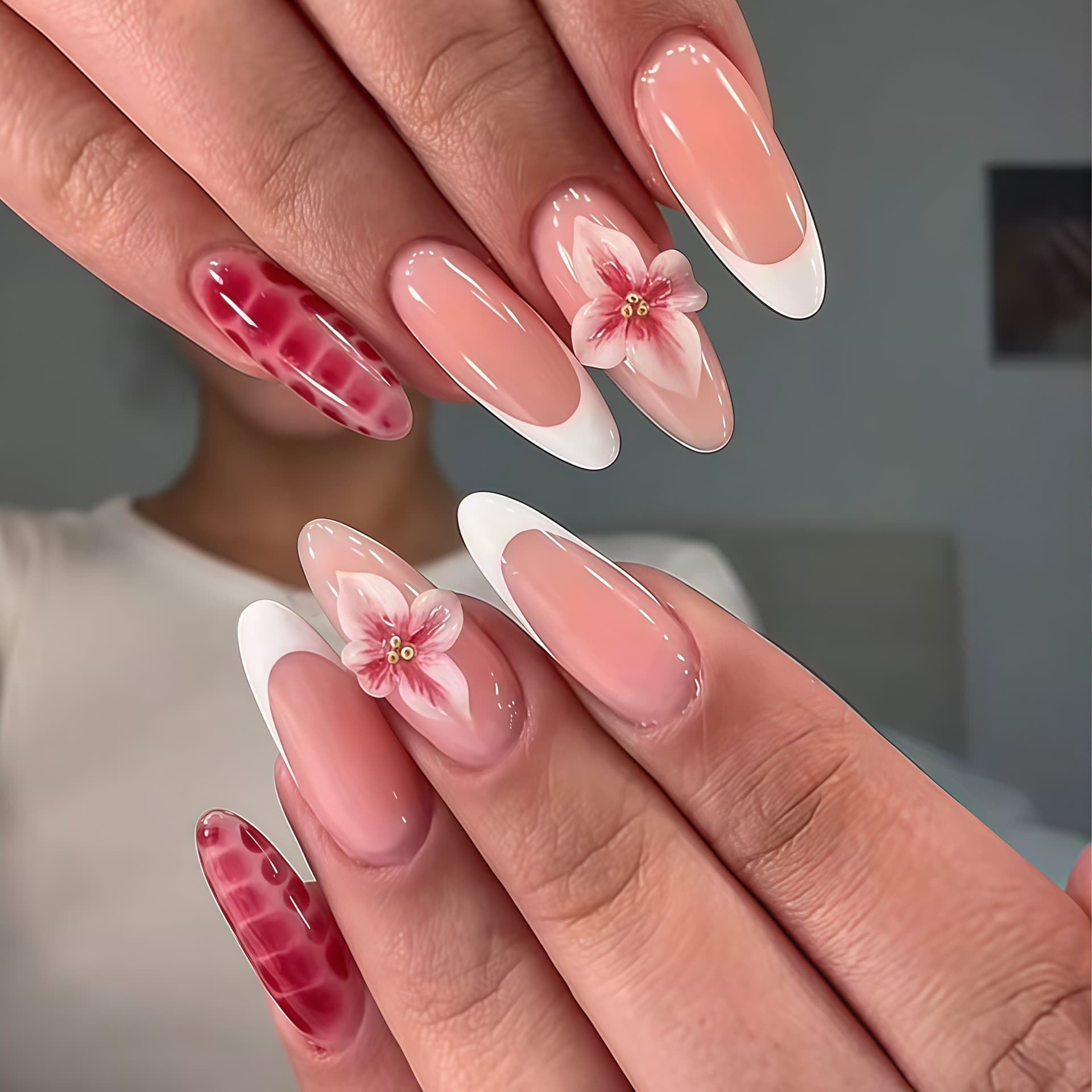 Cross-border hot selling sweet cool style nude pink white edge wearable nails three-dimensional flower plaid style medium almond nails fake nails wholesale