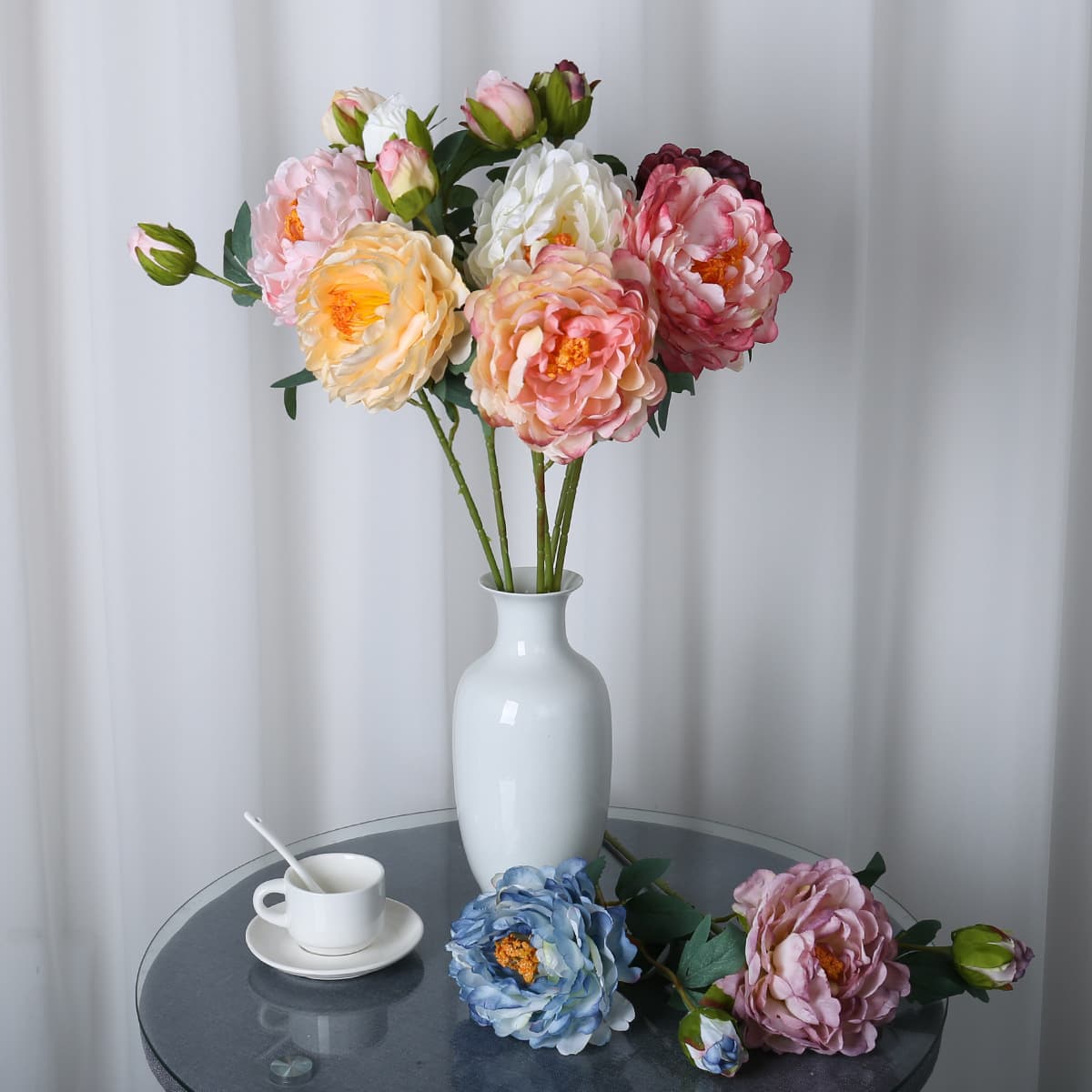 Artificial Peony Flower 2-Head Burnt Edge Wealth Peony Living Room Decoration Ornament Bouquet New Style Flower Peony Fake Flower Bouquet