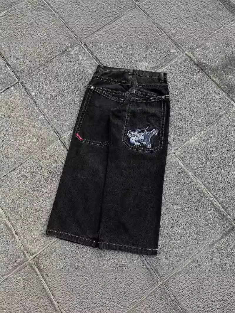 JeansY2K Harajuku Hip Hop Embroidered Black Loose Jeans Men's Wide Pants Youth Hip Hop Trend