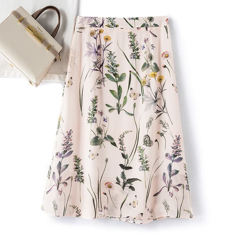 New crepe de chine silk skirt for women with high waist and hips, retro ink print slimming mulberry silk skirt for summer