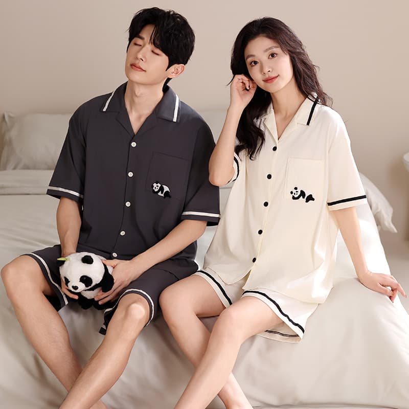Spring/Summer Couple Pure Cotton Short Sleeve Pajamas Women's Cardigan Two-Piece Set Men's Homewear Set Wearable Outside