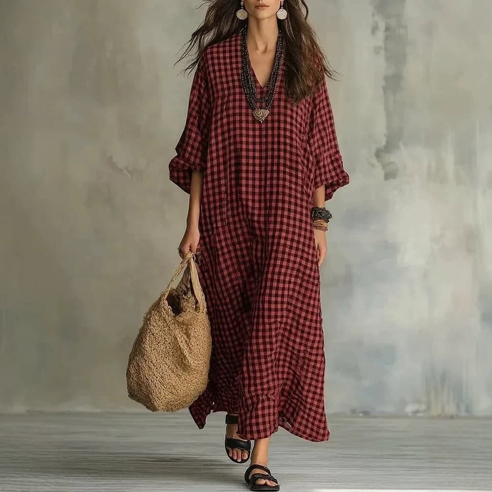 Amazon EU/US Cross-Border 2026 Summer New Retro Plaid Artistic Casual Loose Cotton-Linen Women's Dress