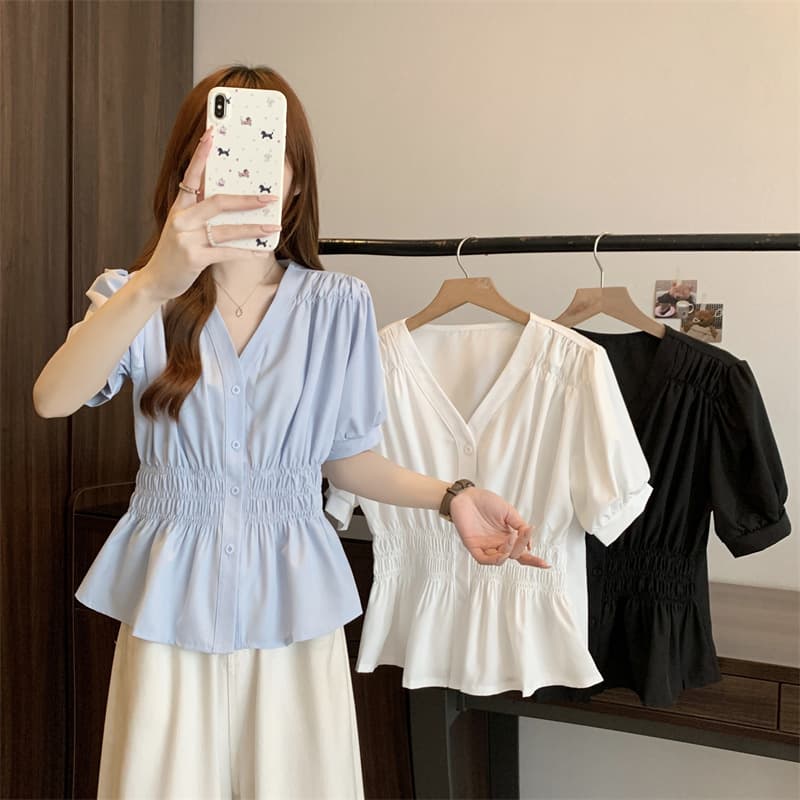 Plus-Size Women's Waist-Cinching Elegant Long-Sleeve Shirt, 2026 Summer New Stylish Chic Slimming French-Style Ruched Top