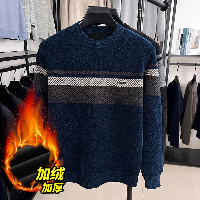 Middle-aged Men's Sweater Fleece-Lined Thickened Chenille Winter Knitwear Warm Thermal Base Layer for Dad