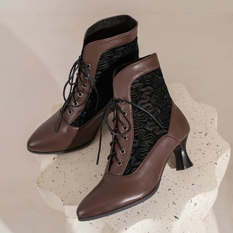 Women's Kitten Heel Ankle Boots Autumn Winter Lace Hollow Out Front Lace-up Chunky Heel High Heel Front Lace-up Martin Boots