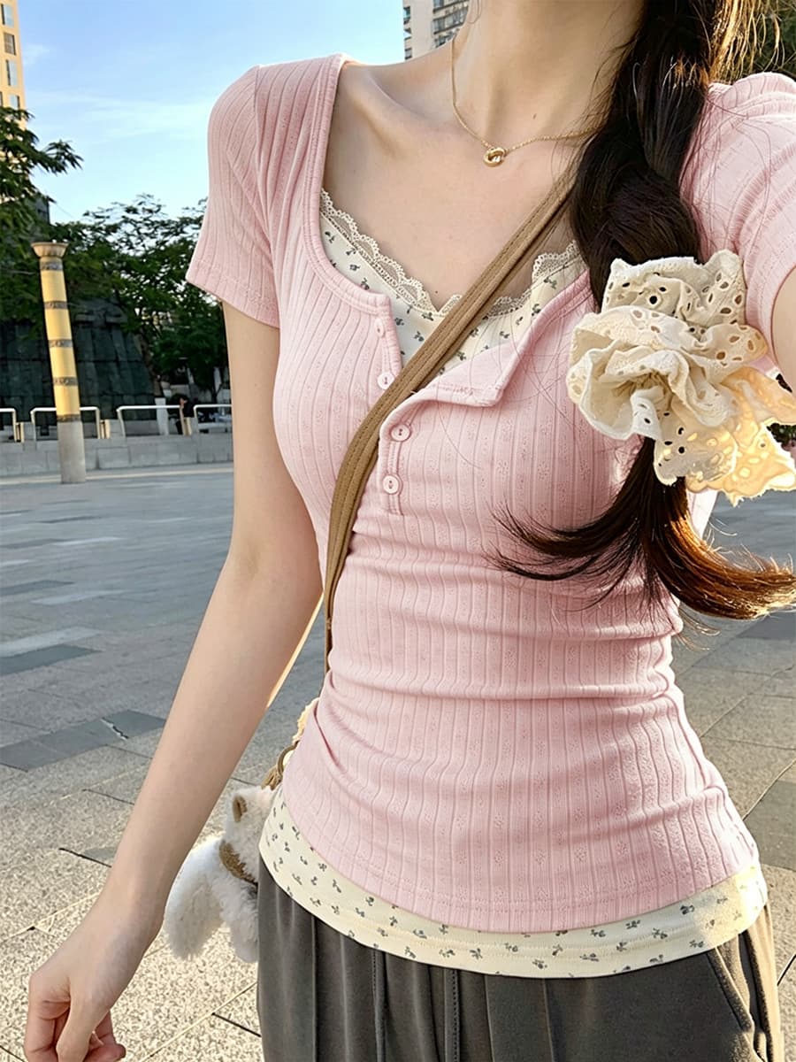 Fake two-piece lace short-sleeved T-shirt for women 2025 summer design slim slim sweet hot girl short slim top