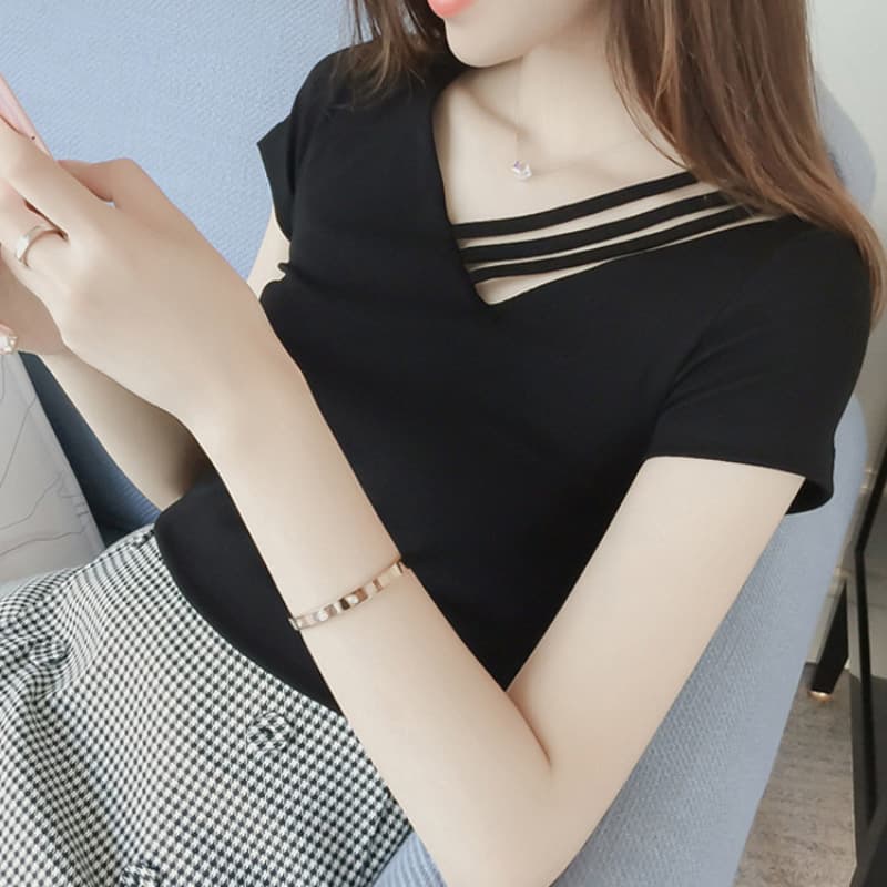 Xinyu Short Sleeve T-Shirt Women Summer New Korean Style Casual Women's Ins Student V-Neck Solid Color Top Women's Clothing Export